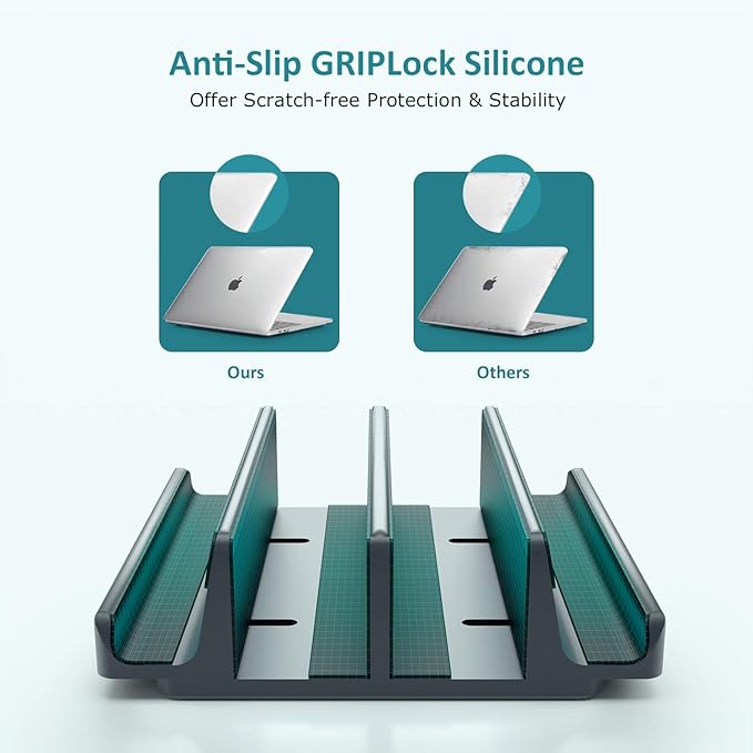Vertical Laptop Stand - SPACEMax Adjustable GRIPLock Anti-Tip Silicone 4 Slots Aluminum Desktop Holder - Double Dock Stand - 2 Phone Slots Fits Up to 17.3” Laptops, Tablets, Phones - Gray