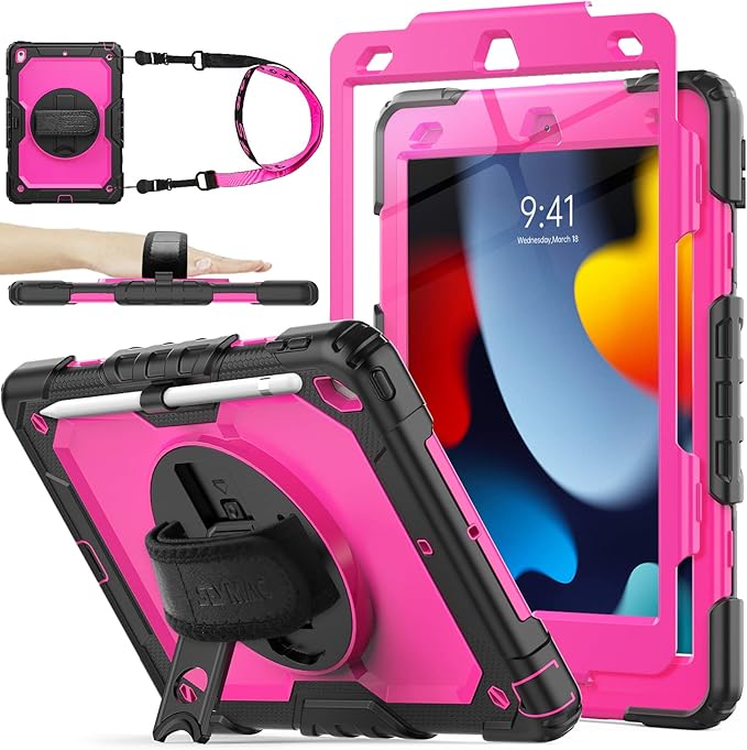 SEYMAC stock Case for iPad 9th/ 8th/ 7th Generation 10.2'', Shockproof with Screen Protector, Pencil Holder [360° Rotating Hand Strap] & Stand, for iPad 10.2 inch 2021-2019 (Rose+Black)