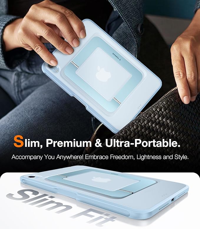 TORRAS for iPad mini 7 A17 Pro Case, iPad mini 6 Case with Pencil Holder, Ultra Stable Stand, Multiple Adjustable Viewing Angles, Slim Protective Kickstand Cover, Translucent iPad mini 6th Case, Blue