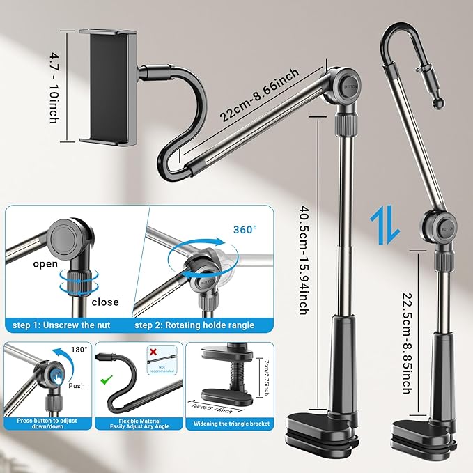 Foldable Tablet Holder for Kindle Reading in Bed with Remote Page Turner, No Stiff Easy Adjust Flexible Tablet Arm Desk Holder, Ereader Accessories for Kindle Paperwhite/Scribe/Oasis, iPad, Phone