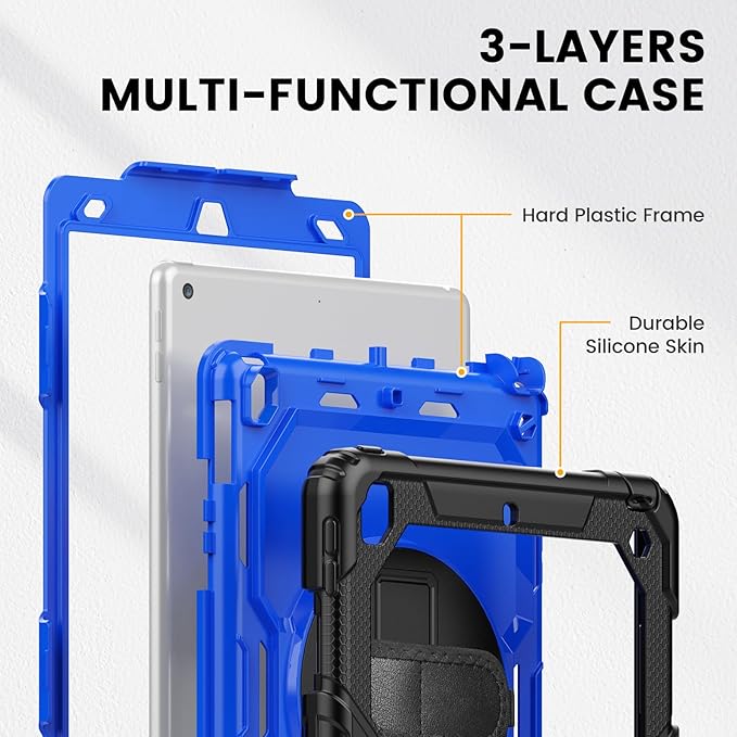 Timecity Case for iPad 9th/ 8th/ 7th Generation 10.2 inch - Heavy Duty Protective Cover with Screen Protector, Rotating Stand, Shoulder Strap & Pencil Holder | Kids-Friendly (Dark Blue)