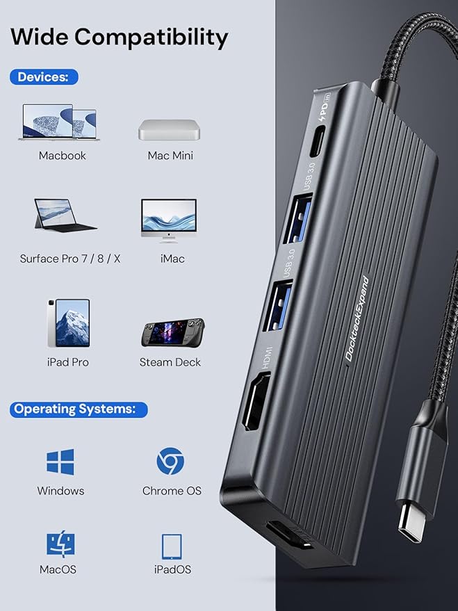 USB C to HDMI, Dual Monitor Adapter, DockteckExpand 5 in 1 Hub with 2 HDMI 4K, 2 USB 3.0, PD 100W Charging, USB C to MultiPort Adapter for Dell, HP, MacBook and Type C Devices