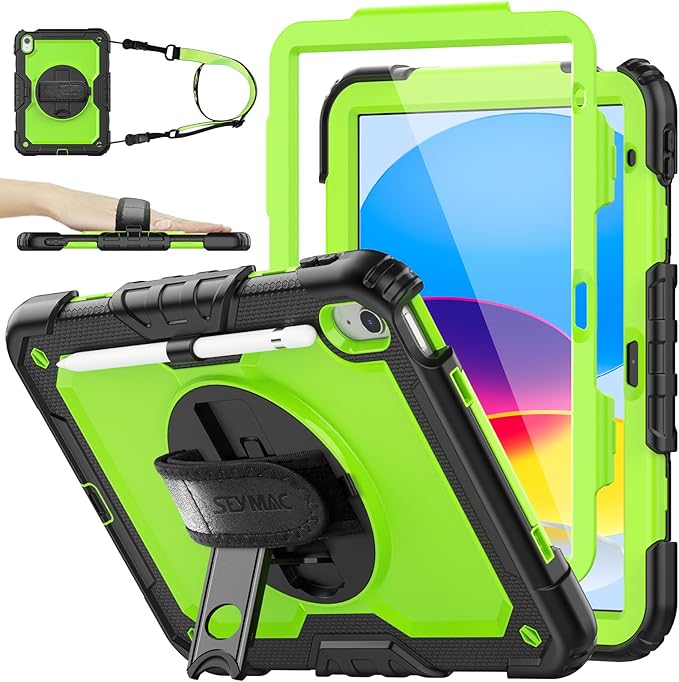 SEYMAC stock Case for iPad (A16) 11th/10th Generation 11''/10.9'' 2025/2022, Full-Body Drop Protection Case with Screen Protector &360° Rotate Hand Strap/Stand, Green+Black