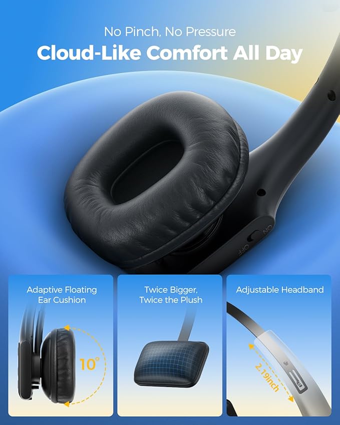 Trucker Bluetooth Headset, Wireless Headset with Mic for Work, Upgraded V5.3 Dual Noise Cancelling Microphones, Mute Button, Multipoint, 53H Battery, for Truck Drivers, Work from Home Office Phone