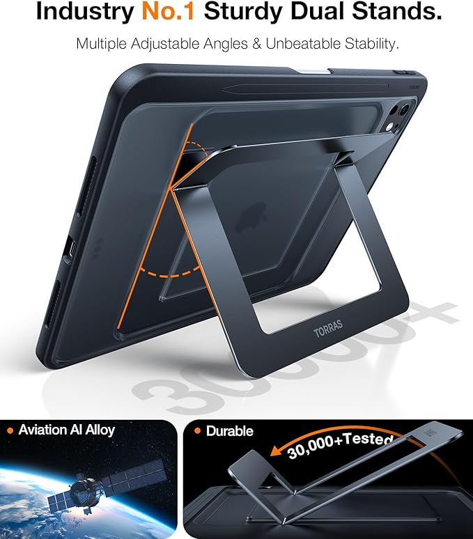 TORRAS for iPad Pro 11 inch Case 2025 M5 & 2024 M4, Ultra Stable Stand, Multiple Adjustable Viewing Angles, Slim Protective Kickstand Cover, Translucent iPad 11 Pro Case with Pencil Holder, Black