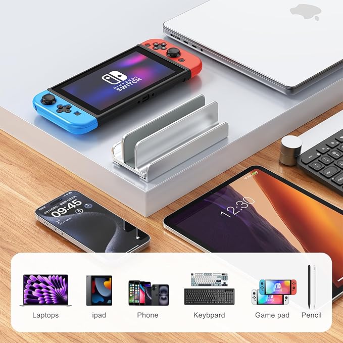 Vertical Laptop Stand, Aluminum Laptop Holder, Adjustable 3-in-1 Design, Compatible with MacBook, MacBook Pro/Air, Dell, HP, Lenovo, Up to 17.3 inches (Silver)