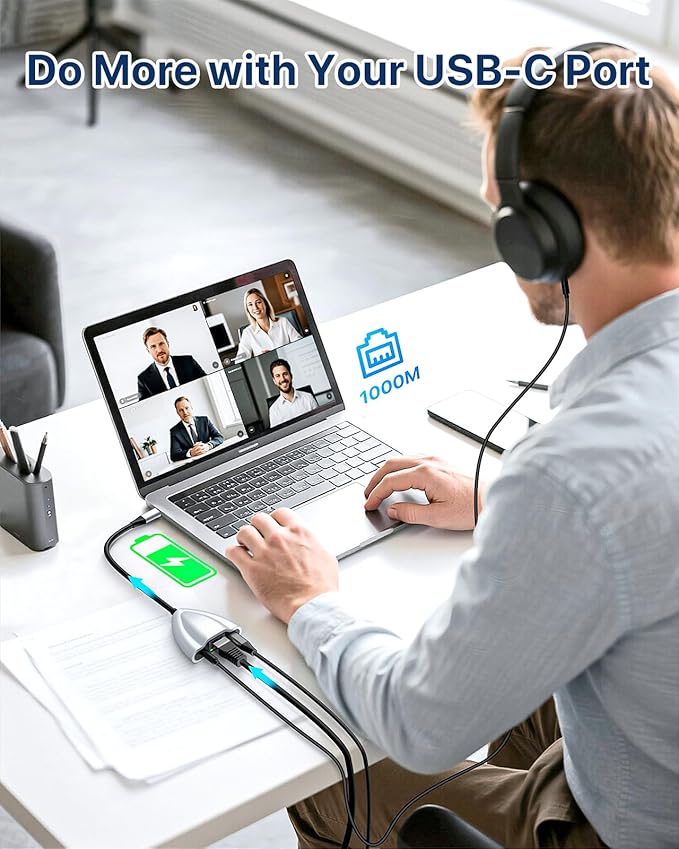 USB C Hub Multiport Adapter, 4 in 1 USB C Spliter to 3.5mm Audio, 1Gbps RJ45 Ethernet and Type C Adapter Supporting 60W PD Charging & 480Mbps Transfer, Dongle for Laptop/Mac/Phone/Switch(Silver)