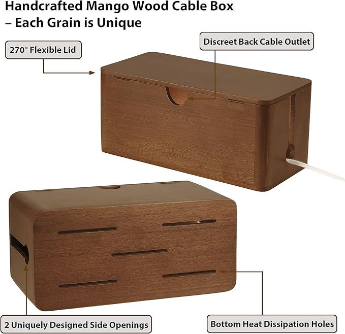 ZhiYo Wood Cable Management Box, Large Cord Organizer Box for Power Strip, Extension Cord Hider for Office, Desk Cable Storage Box for Wire Management, Floor Outlet Hider, 14.2" L × 6.7" W × 6.3" H
