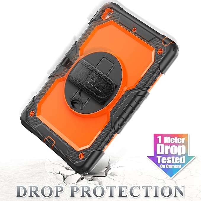 SEYMAC stock Case for iPad 9th/ 8th/ 7th Generation 10.2'', Shockproof with Screen Protector, Pencil Holder [360° Rotating Hand Strap] & Stand, for iPad 10.2 inch 2021-2019 (Brightorange)