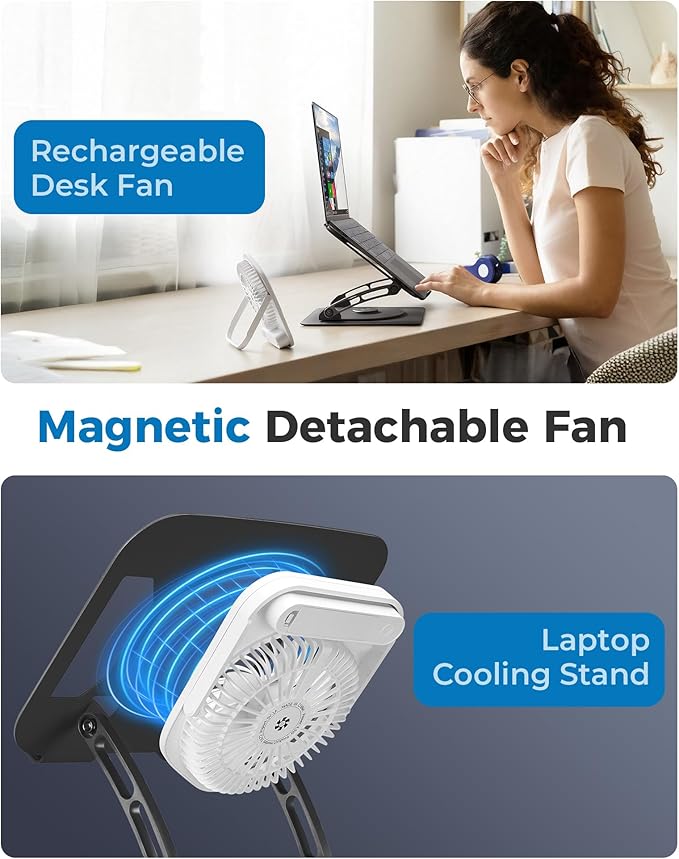 SHUWEI Laptop Cooling Stand with Detachable Desk Fan, Adjustable Height & Angle, 360 Rotating Base, Carbon Steel Framework, Ultra-Quiet & Super Sturdy for up to 16”Laptop-Black