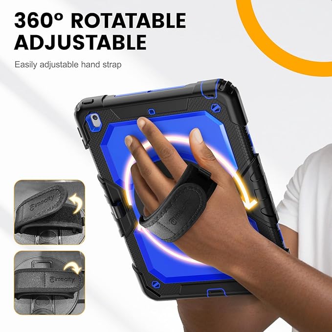 Timecity Case for iPad 9th/ 8th/ 7th Generation 10.2 inch - Heavy Duty Protective Cover with Screen Protector, Rotating Stand, Shoulder Strap & Pencil Holder | Kids-Friendly (Dark Blue)