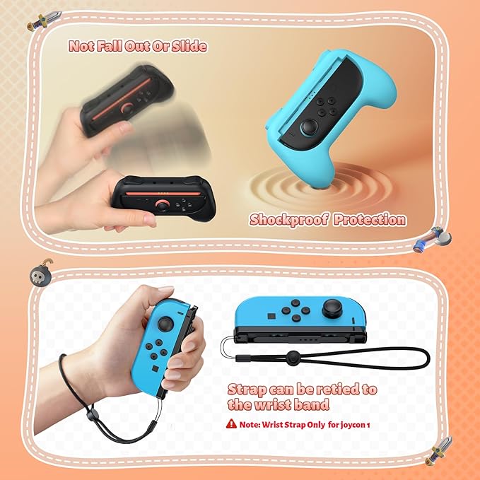 [Switch 1/2 Compatible] FASTSNAIL Grips for Nintendo Switch 2 (2025)/1&OLED for Joy-Con 2, Wear-Resistant & Anti-Slip Controller Grips Handle Kit, Switch 2 Joypad Holder Accessories (Orange,Blue)