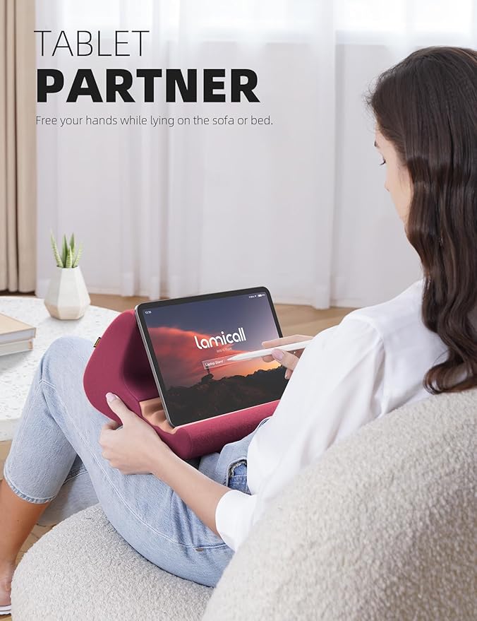 Lamicall Tablet Holder, Tablet Pillow Stand - Tablet Pillow Soft Pad for Bed and Lap, with Stylus Mount & Pocket, for iPad Pro 12.9, Air, Mini, Kindle, Galaxy Tab and 4-13" Tablet, Dark Red