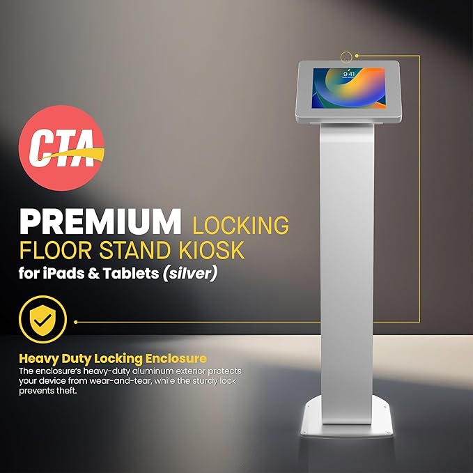 Premium Kiosk Floor Stand – CTA Locking Support Base Kiosk for iPad 11 (A16) - Pro 11-inch M4 - Air 11-inch M3- iPad 10th Gen - Galaxy Tab & More Tablets - Silver - (PAD-PARAFS)