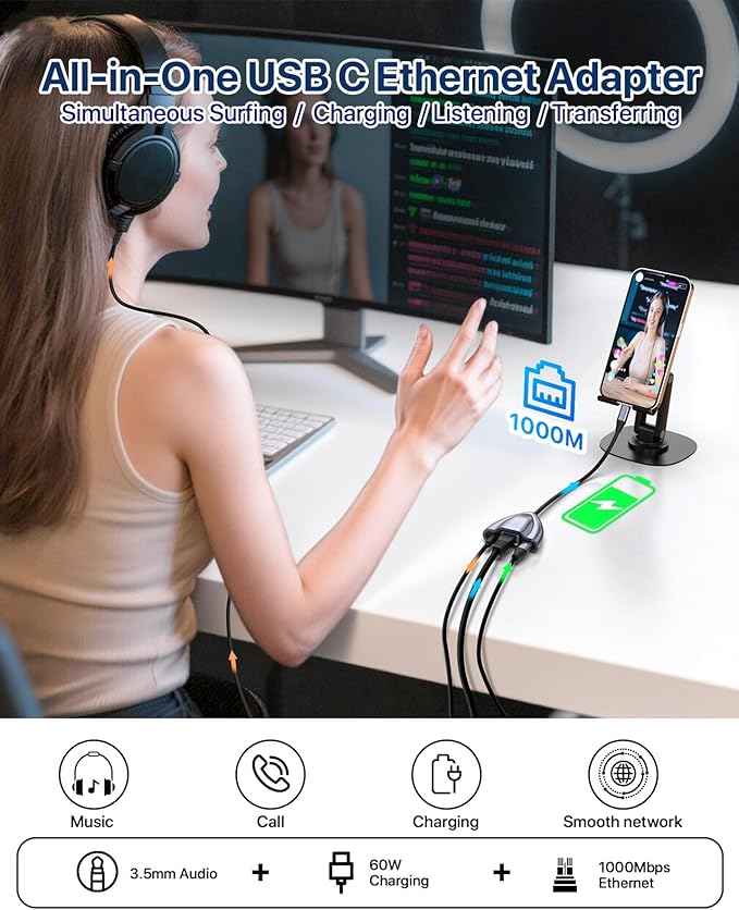 USB C Hub Multiport Adapter, 4 in 1 USB C Spliter to 3.5mm Audio, 1Gbps RJ45 Ethernet and Type C Adapter Supporting 60W PD Charging & 480Mbps Transfer, Dongle for Laptop/Mac/Phone/Switch(Gray)