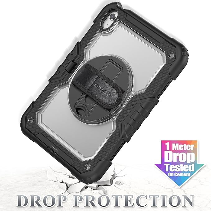 SEYMAC stock Case for iPad (A16) 11th/10th Generation 11''/10.9'' 2025/2022, Full-Body Drop Protection Case with Screen Protector &360° Rotate Hand Strap/Stand, Transparent+Black
