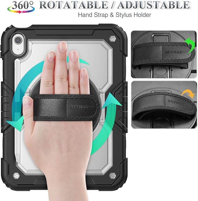SEYMAC stock Case for iPad (A16) 11th/10th Generation 11''/10.9'' 2025/2022, Full-Body Drop Protection Case with Screen Protector &360° Rotate Hand Strap/Stand, Transparent+Black