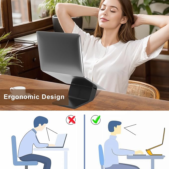 Wooden Laptop Stand, Ergonomic Computer Stand for Desk, Portable Laptop Riser, Notebook Stand Holder Compatible with MacBook Pro/Air, Dell, HP, Lenovo and All Laptops (10-17 inch), Black