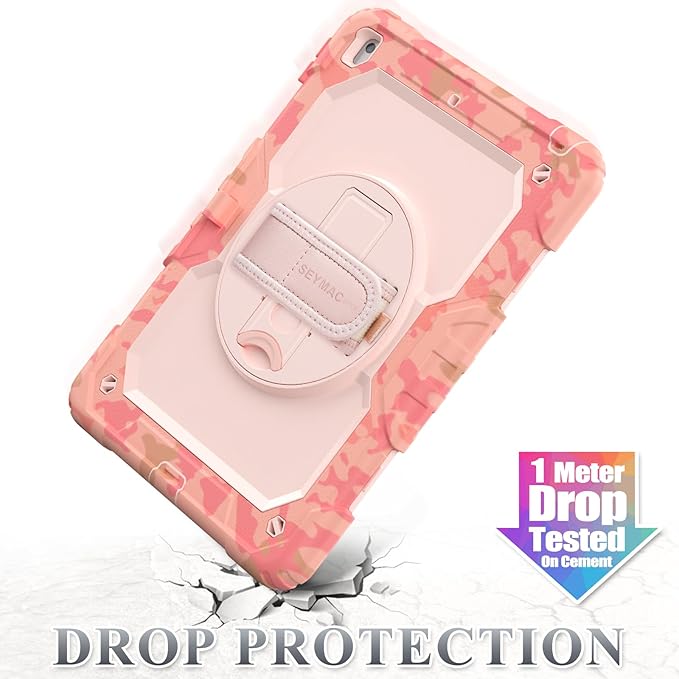 SEYMAC stock Case for iPad 9th/ 8th/ 7th Generation 10.2'', Shockproof with Screen Protector, Pencil Holder [360° Rotating Hand Strap] & Stand, for iPad 10.2 inch 2021-2019 (Pink Camo)