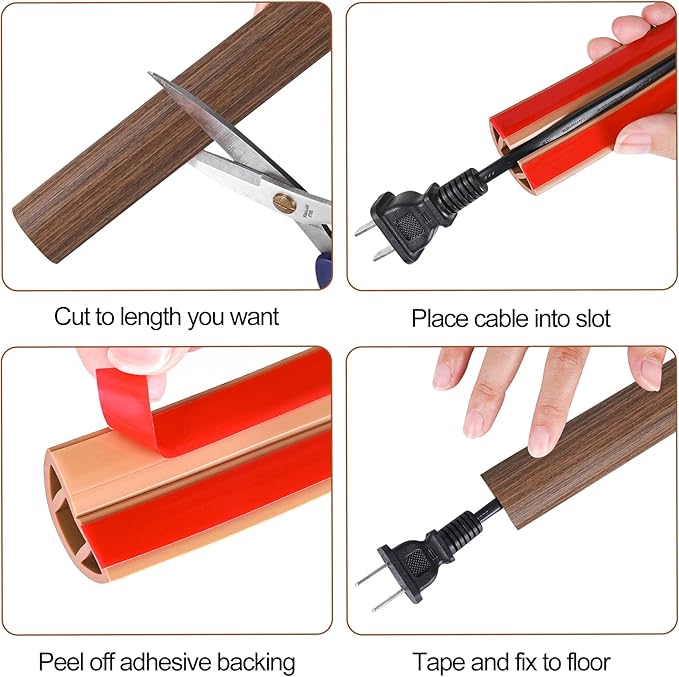 MYFAMIREA 10FT Floor Cord Cover for Wire Self Adhesive Cable Cavity Management PVC Extension Cord Hider Power Floor Wire Protector Prevent Cable Trips for Office Home Outdoor (Dark Brown Wood, 1.18'')