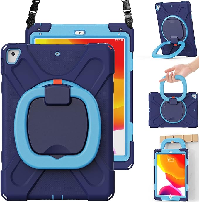 BRAECN Silicone Case for iPad 9.7 Inch 6th/5th Generation, iPad Pro 9.7, iPad Air 2, Triple Protected Rugged Cover with Stable Kickstand/Hand Grip/Pencil Holder/Shoulder Strap for Kids-Navy+Blue