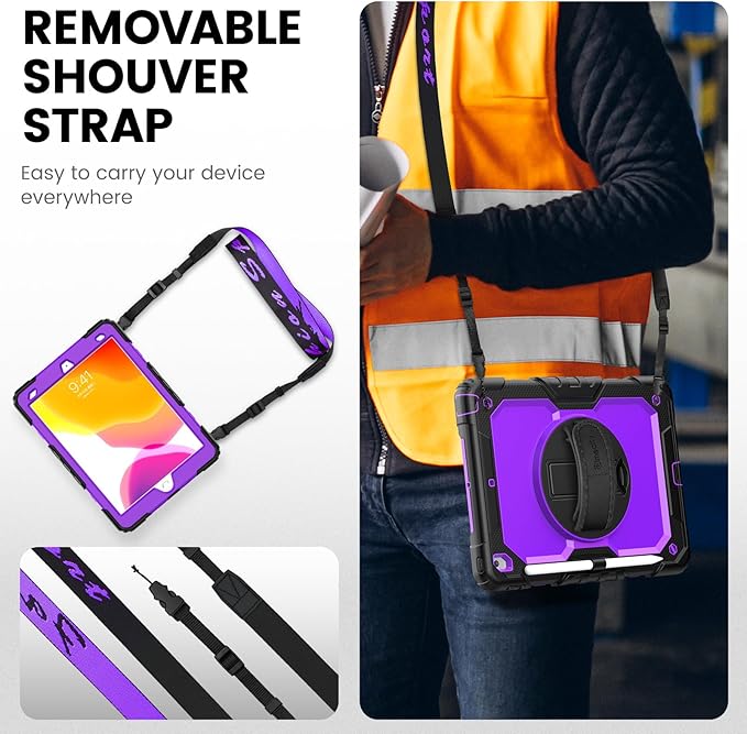 Timecity Case for iPad 9th/ 8th/ 7th Generation 10.2 inch - Heavy Duty Protective Cover with Screen Protector, Rotating Stand, Shoulder Strap & Pencil Holder | Kids-Friendly (Purple)