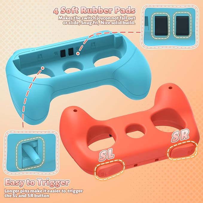 [Switch 1/2 Compatible] FASTSNAIL Grips for Nintendo Switch 2 (2025)/1&OLED for Joy-Con 2, Wear-Resistant & Anti-Slip Controller Grips Handle Kit, Switch 2 Joypad Holder Accessories (Orange,Blue)