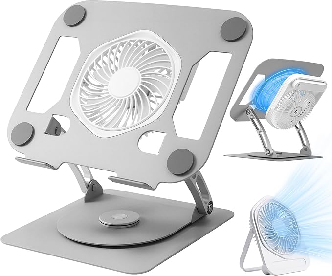 SHUWEI Laptop Cooling Stand with Detachable Desk Fan, Adjustable Height & Angle, 360 Rotating Base, Carbon Steel Framework, Ultra-Quiet & Super Sturdy for up to 16”Laptop-Sliver