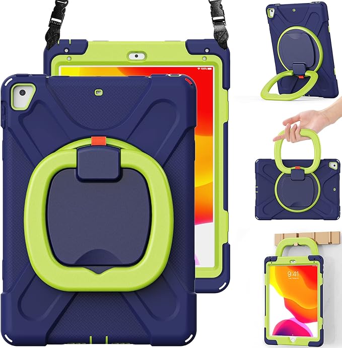 BRAECN Case for iPad 9.7”, iPad 6th/5th Generation 2018/2017, iPad Air 2, Hybrid Shockproof Rugged Drop Protection Cover with Kickstand, Pencil Holder, Carrying Strap, Hand Grip for Kids-Navy+Green