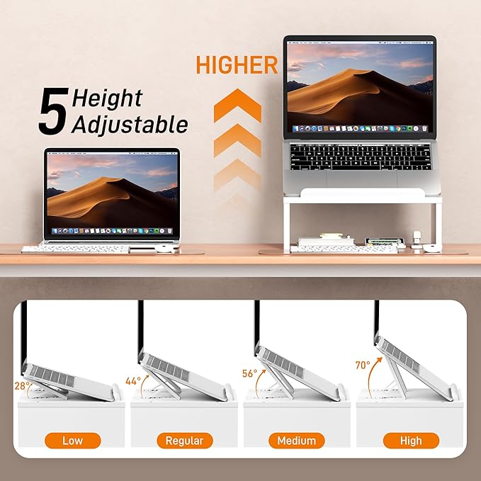 Adjustable Wood Laptop Stand with Storage Space - Notebook Organizer & Ergonomic Computer Riser, Wrist Rest Included, Compatible with 9.8-15'' Laptops (MacBook Air Pro/HP/Dell/Lenovo),White