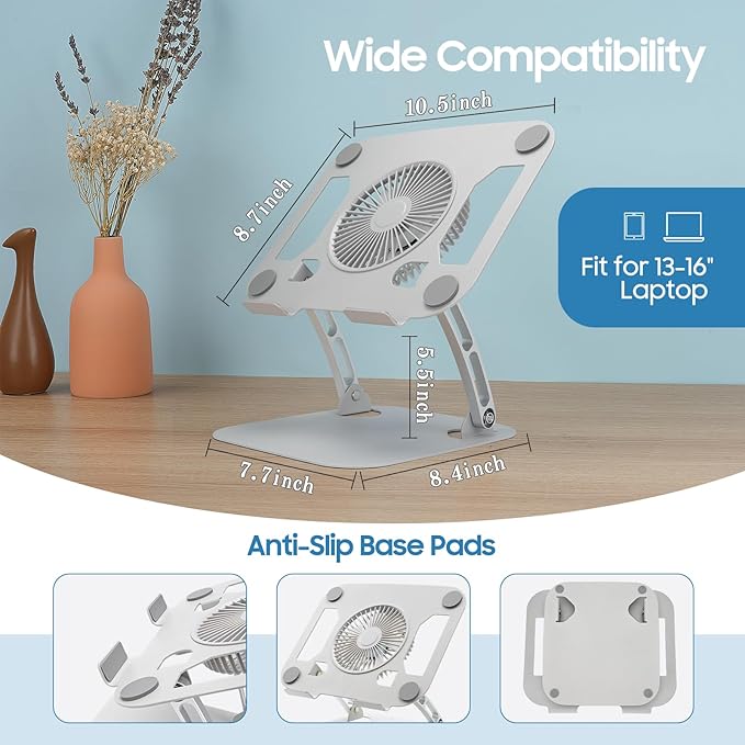 SHUWEI Laptop Cooling Stand with 3 Speed Fan, Adjustable Height & Angle, Carbon Steel Framework, Ultra-Quiet & Super Sturdy for up to 16”Laptop - Black