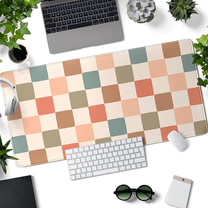Boho Checker Desk Mat Beige Checkerboard Mouse Pad Large Aesthetic Desk Pad Extended Gaming Mousepad XXL Keyboard Pad Computer Laptop Mouse Mat Office Desktop Decor Pad 31.5x15.7 in