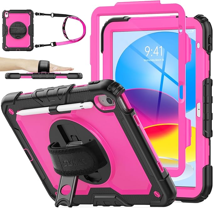 SEYMAC stock Case for iPad (A16) 11th/10th Generation 11''/10.9'' 2025/2022, Full-Body Drop Protection Case with Screen Protector &360° Rotate Hand Strap/Stand, Pink+Black