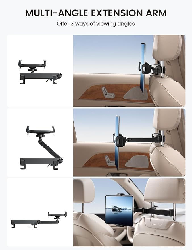 Lamicall Car Headrest Tablet Holder - [Lockable] [3 in 1 Extension Arm] Upgrade Tablet Mount for Car Backseat, Road Trip Essentials for Kids, for iPad Pro, Air, Mini, Galaxy, Fire HD, 4.7-13" Tablets