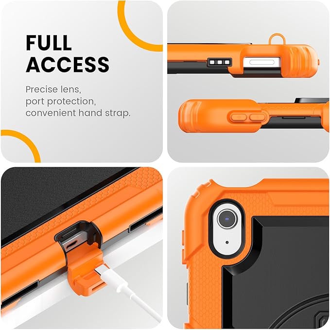 timecity for iPad (A16) 11th/ 10th Generation Case 11''/ 10.9 Inch (2025/2022) - Heavy Duty Protective Cover with Screen Protector, Stand, Shoulder Strap & Pencil Holder | Kids-Friendly - Orange