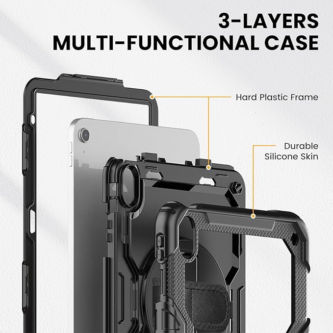 timecity for iPad (A16) 11th/ 10th Generation Case 11''/ 10.9 Inch (2025/2022) - Heavy Duty Protective Cover with Screen Protector, Stand, Shoulder Strap & Pencil Holder | Kids-Friendly - Black