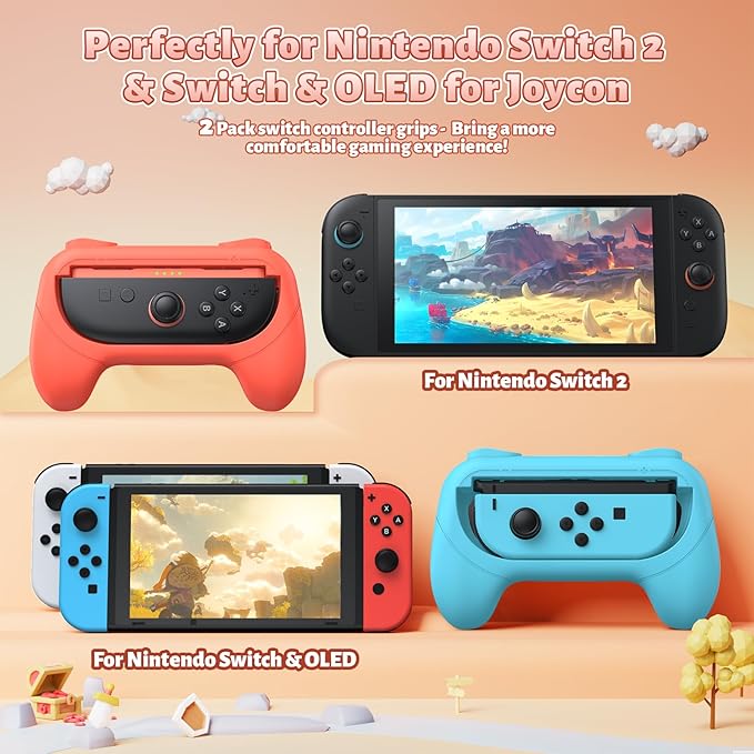 [Switch 1/2 Compatible] FASTSNAIL Grips for Nintendo Switch 2 (2025)/1&OLED for Joy-Con 2, Wear-Resistant & Anti-Slip Controller Grips Handle Kit, Switch 2 Joypad Holder Accessories (Orange,Blue)