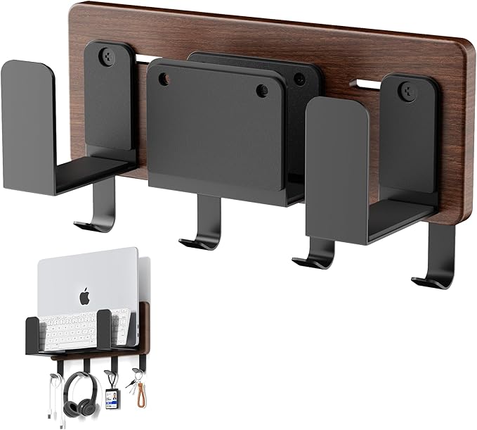Universal Laptop Wall Mount Holder, Adjustable Metal Desk Organizer with Hooks | Ventilated Cooling & Anti-Scratch Pads | Compatible with 10-17.3 inch Laptop, Tablet, Keyboard, Router, Modem