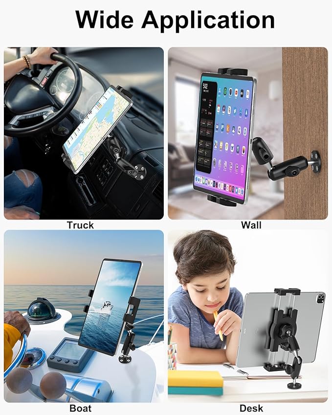 woleyi Aluminum Drill Base Tablet Holder for Car Dashboard - [360° Adjustable 2-Stage Arm] Heavy Duty Tablet Mount for Truck Car Mount Wall Desk, for iPad Pro/Air/Mini/Galaxy Tab/Z Fold, 4-13" Devices