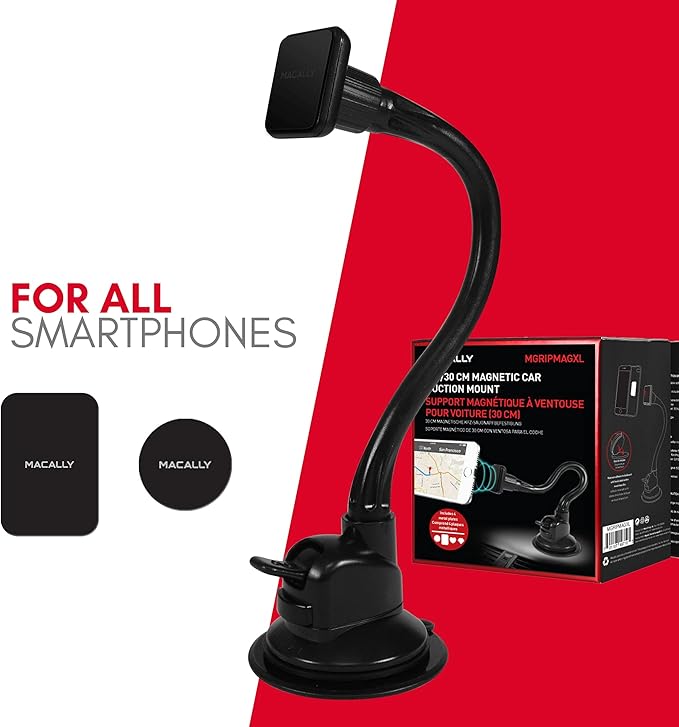 Macally Windshield Phone Mount for Car Magnetic - Suction Cup Window Mount Phone Holder with 8" Long Gooseneck Arm & Super Strong Magnet Mount for Smartphone and iPhone