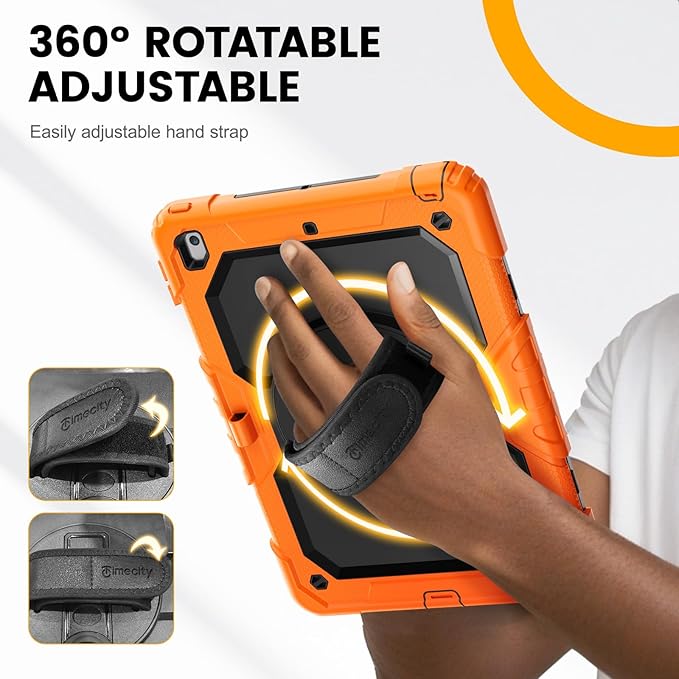 Timecity Case for iPad 9th/ 8th/ 7th Generation 10.2 inch - Heavy Duty Protective Cover with Screen Protector, Rotating Stand, Shoulder Strap & Pencil Holder | Kids-Friendly (Orange)