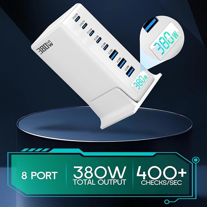 USB C Charger 380W USB C Charger Block, 8 Port Gan Fast Type C & USB Laptop Desktop Charger Adapter for Laptop, MacBook Pro/Air, iPhone, Ipad, Samsung Galaxy, Android, for Travel Home Office Use