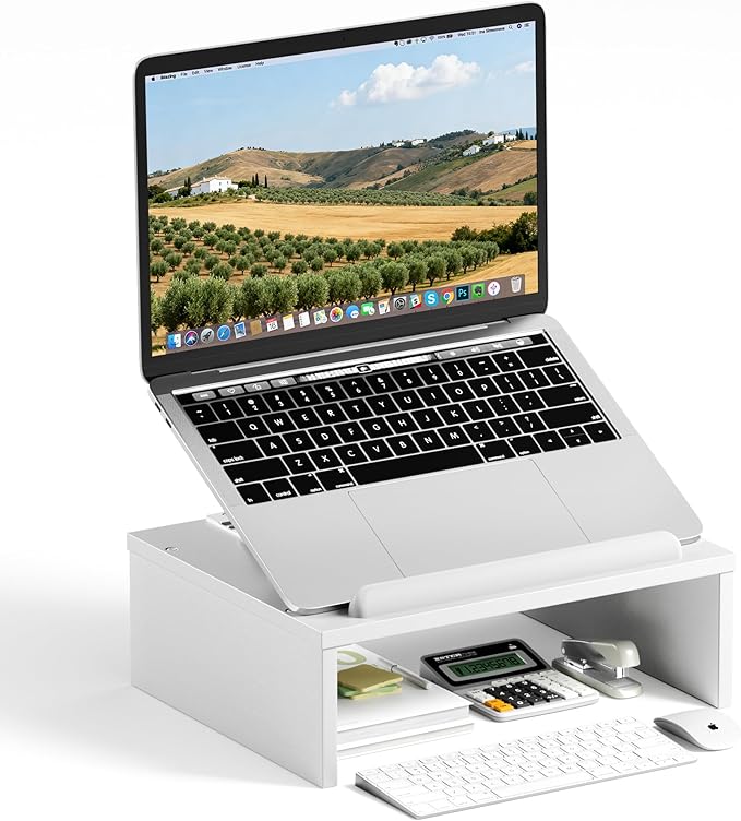 Adjustable Wood Laptop Stand with Storage Space - Notebook Organizer & Ergonomic Computer Riser, Wrist Rest Included, Compatible with 9.8-15'' Laptops (MacBook Air Pro/HP/Dell/Lenovo),White