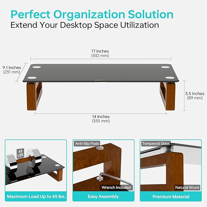 YEOUX Black Glass Computer Monitor Stand Riser with Wooden Base for Flat Screen LCD, LED TV, Laptop, Printer, Multi Media Desktop Stand, Office Supplies Desk Organization