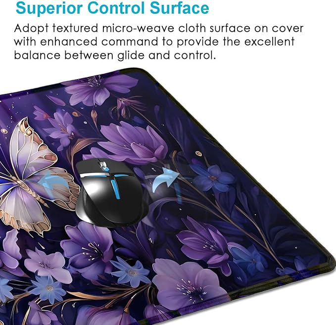 Gold Butterfly Desk Pads, Purple Floral Large Mousepad, Flowers Desk Mats, Modern Beutiful Extended Mouse Pad for Laptop, Gaming Pad for Women Girls Computer Office, 31.5x11.8 in