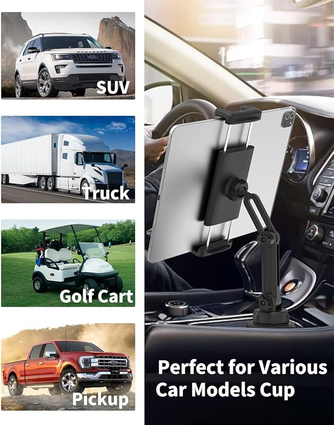 Car Cup Holder Tablet Mount for iPad, [Height & Angle Adjustable] Truck Cup Mount Tablet Holder, Stable Vehicle Cup Stand for iPad 12.9 Pro Air Mini, Galaxy Tabs, Z Fold, iPhone, 4-13" Tablets