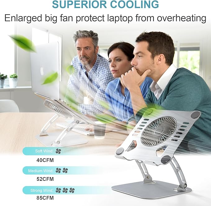 SHUWEI Laptop Cooling Stand with 3 Speed Fan, Adjustable Height Laptop Stand for Desk, Ergonimic Aluminum Laptop Cooling Pad for 10-15'' Notebook - Bule-Gray