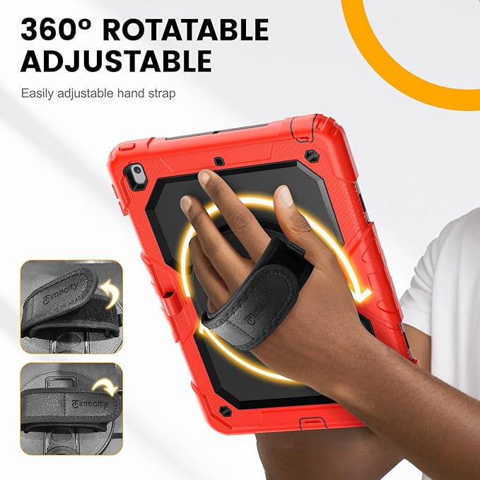 Timecity Case for iPad 9th/ 8th/ 7th Generation 10.2 inch - Heavy Duty Protective Cover with Screen Protector, Rotating Stand, Shoulder Strap & Pencil Holder | Kids-Friendly (Red)