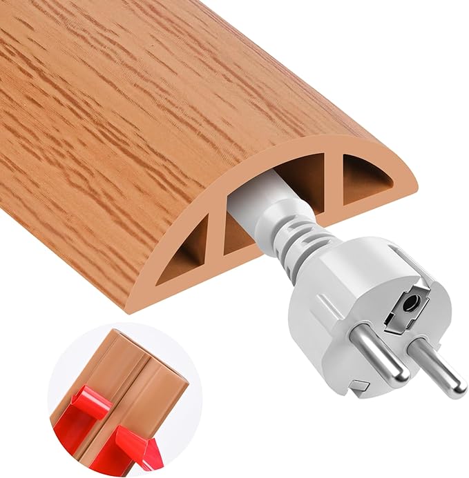 MYFAMIREA 10FT Floor Cord Cover for Wire Self Adhesive Cable Cavity Management PVC Extension Cord Hider Power Floor Wire Protector Cover Prevent Cable Trip for Office Home Outdoor (Brown Wood, 1.18'')