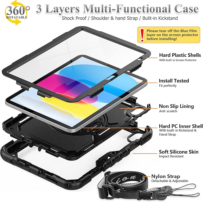 SEYMAC stock Case for iPad (A16) 11th/10th Generation 11''/10.9'' 2025/2022, Full-Body Drop Protection Case with Screen Protector &360° Rotate Hand Strap/Stand, Black